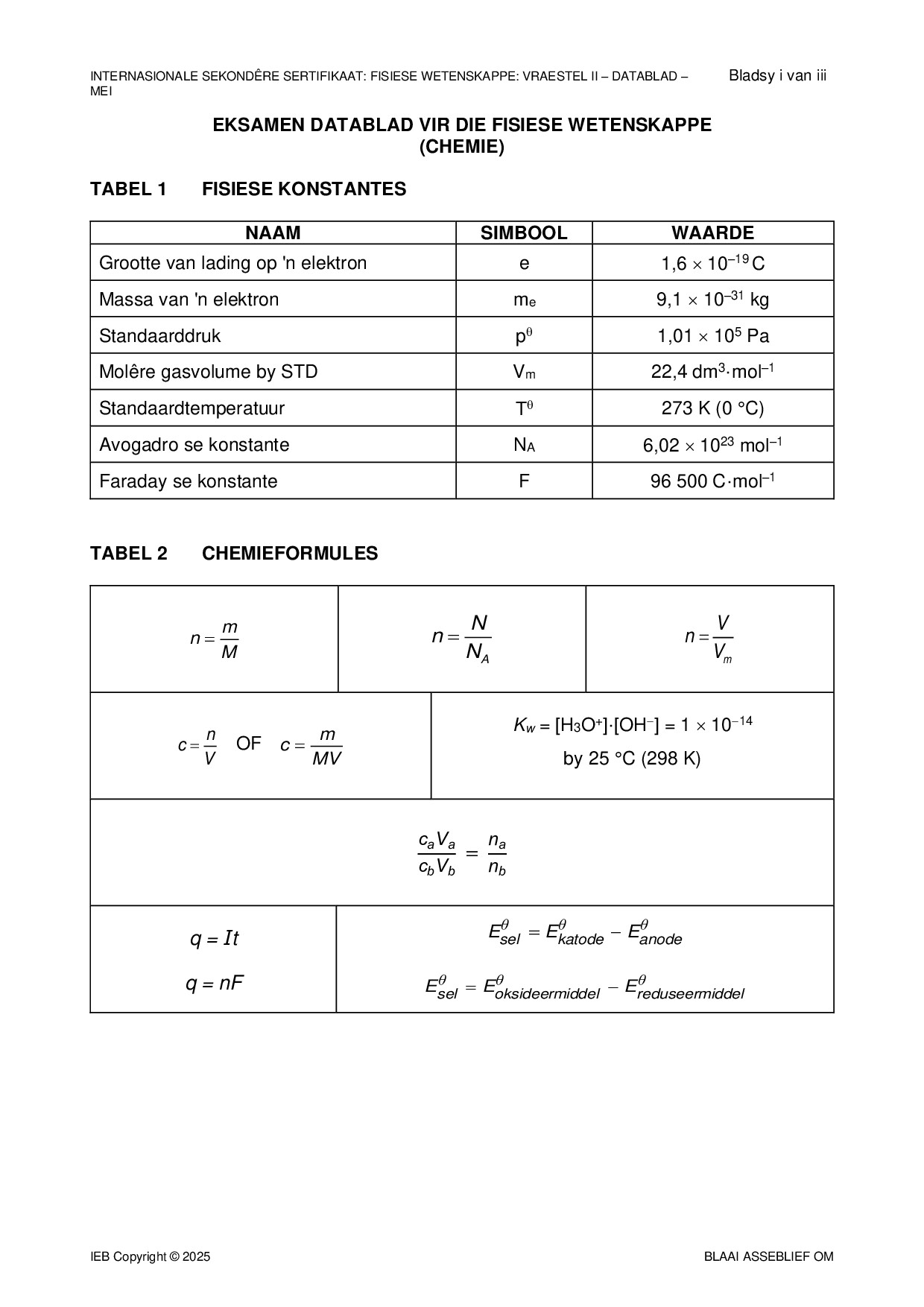 Preview of ISC Physical Sciences P2 Data Sheet May 2025 Afr Gr12