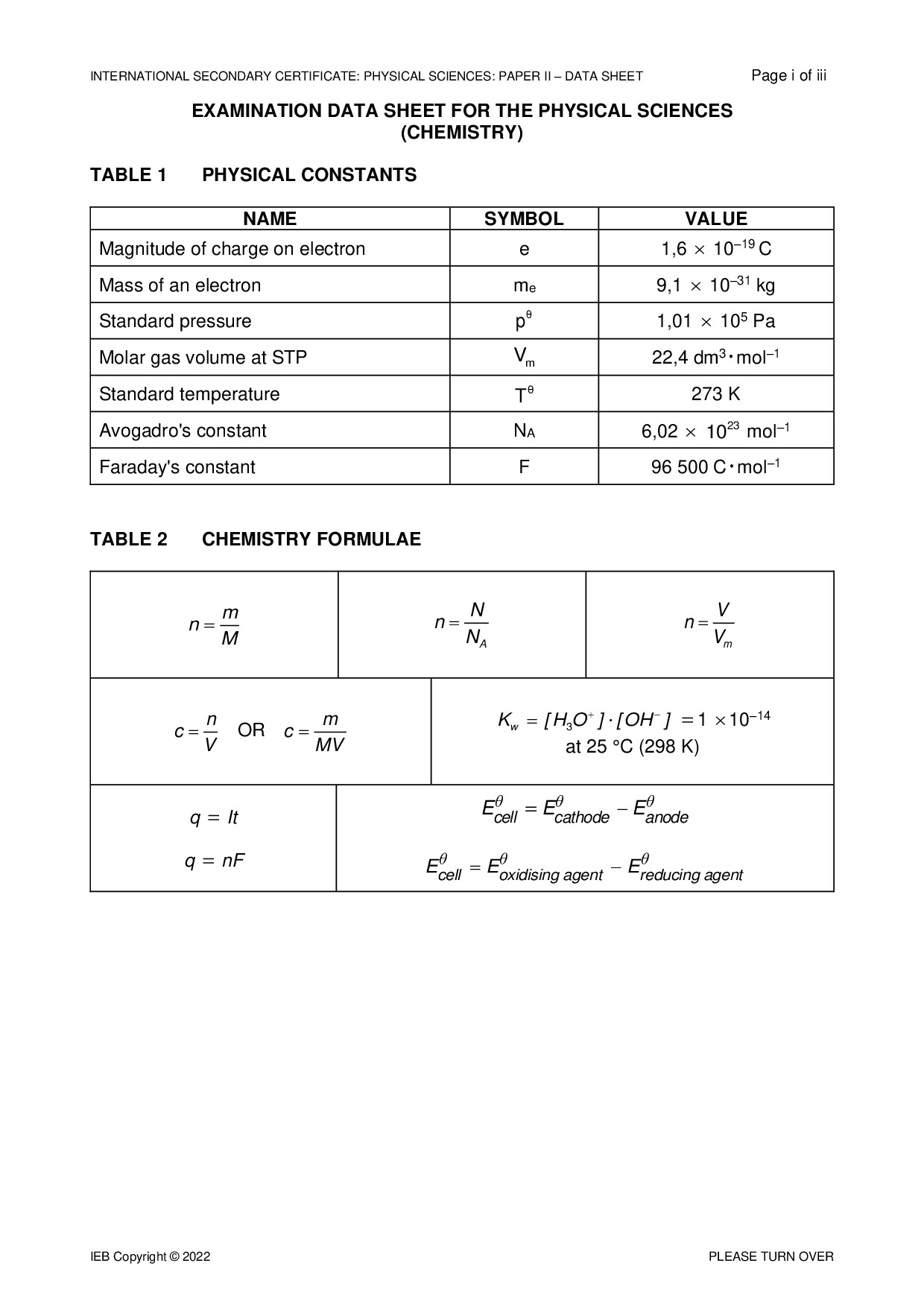 Preview of ISC Physical Sciences P2 Data Sheet 2022 Gr12