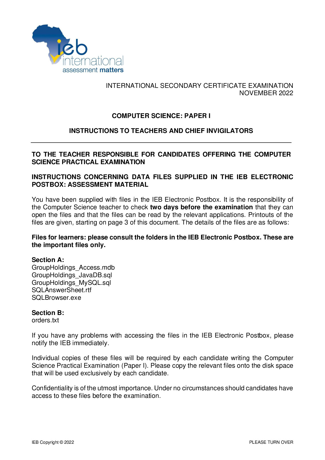 Preview of ISC Computer Science P1 Instructions to Teachers 2022 Gr12
