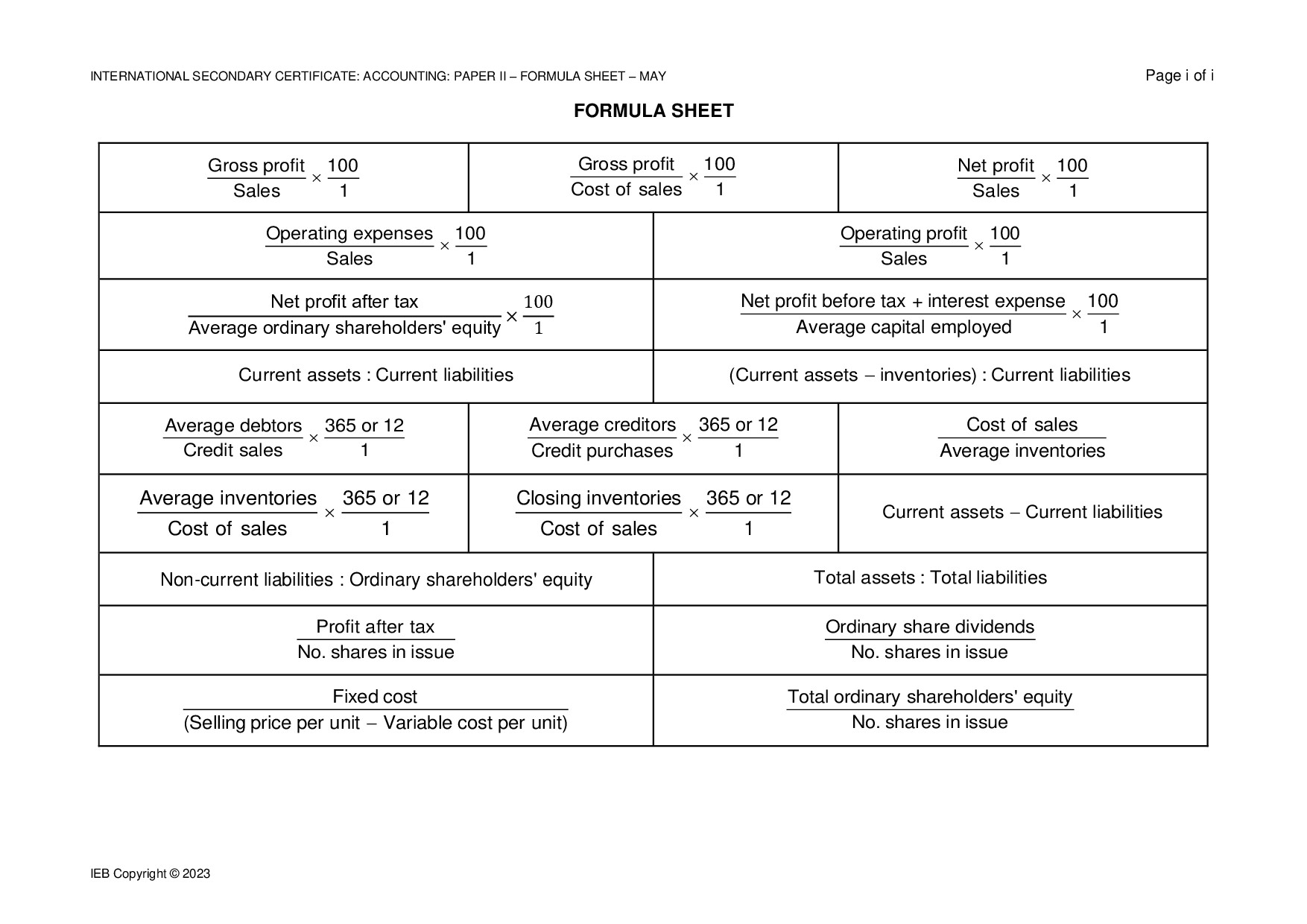 Preview of ISC Accounting P2 Formula Sheet May 2023 Gr12