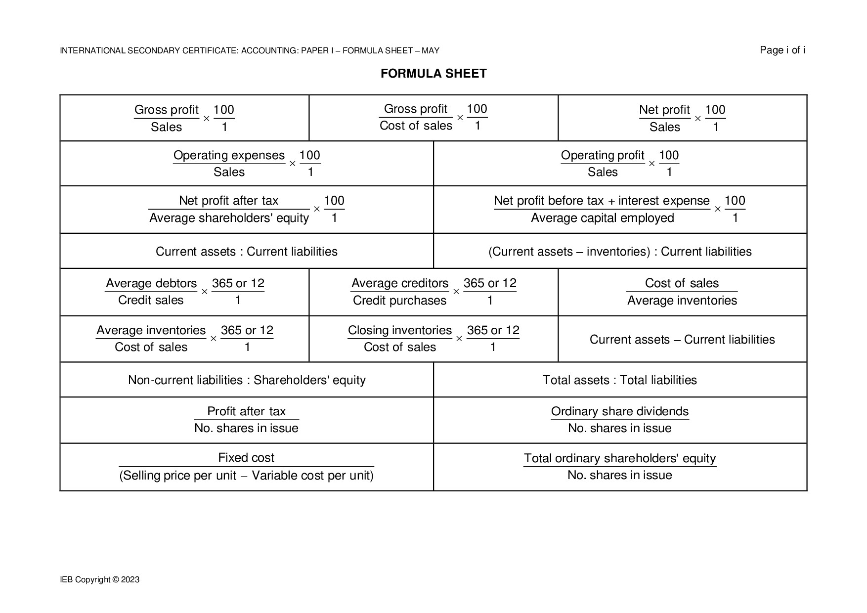 Preview of ISC Accounting P1 Formula Sheet May 2023 Gr12