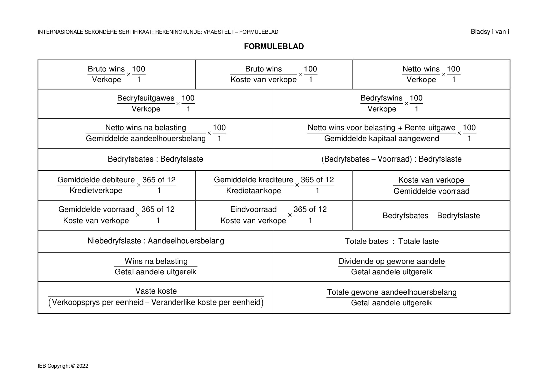 Preview of ISC Accounting P1 Formula Sheet 2022 Afr Gr12