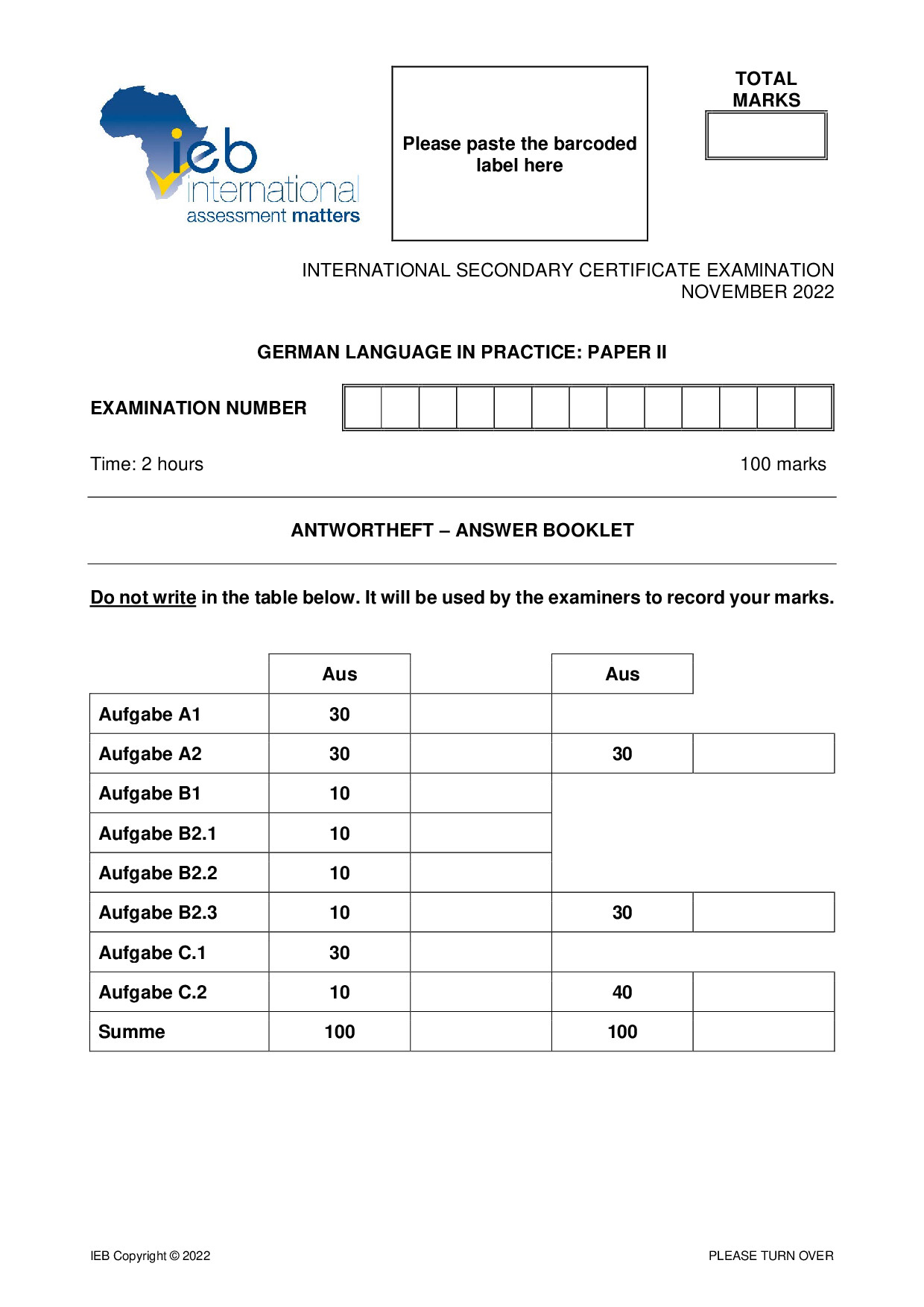 Preview of ISC German LIP P2 Answer Booklet 2022 EW Gr12