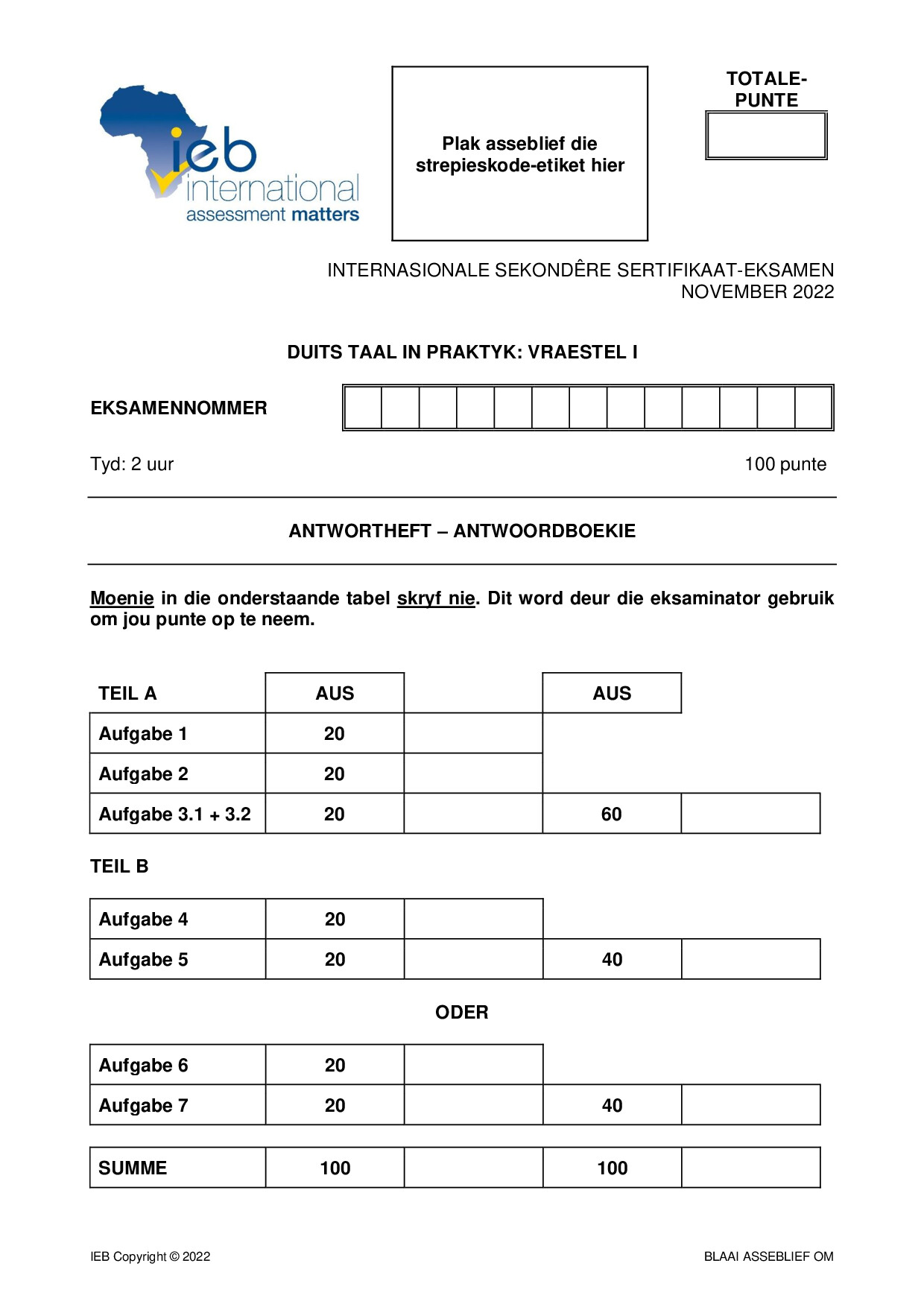 Preview of ISC German LIP P1 Answer Booklet 2022 Afr Gr12