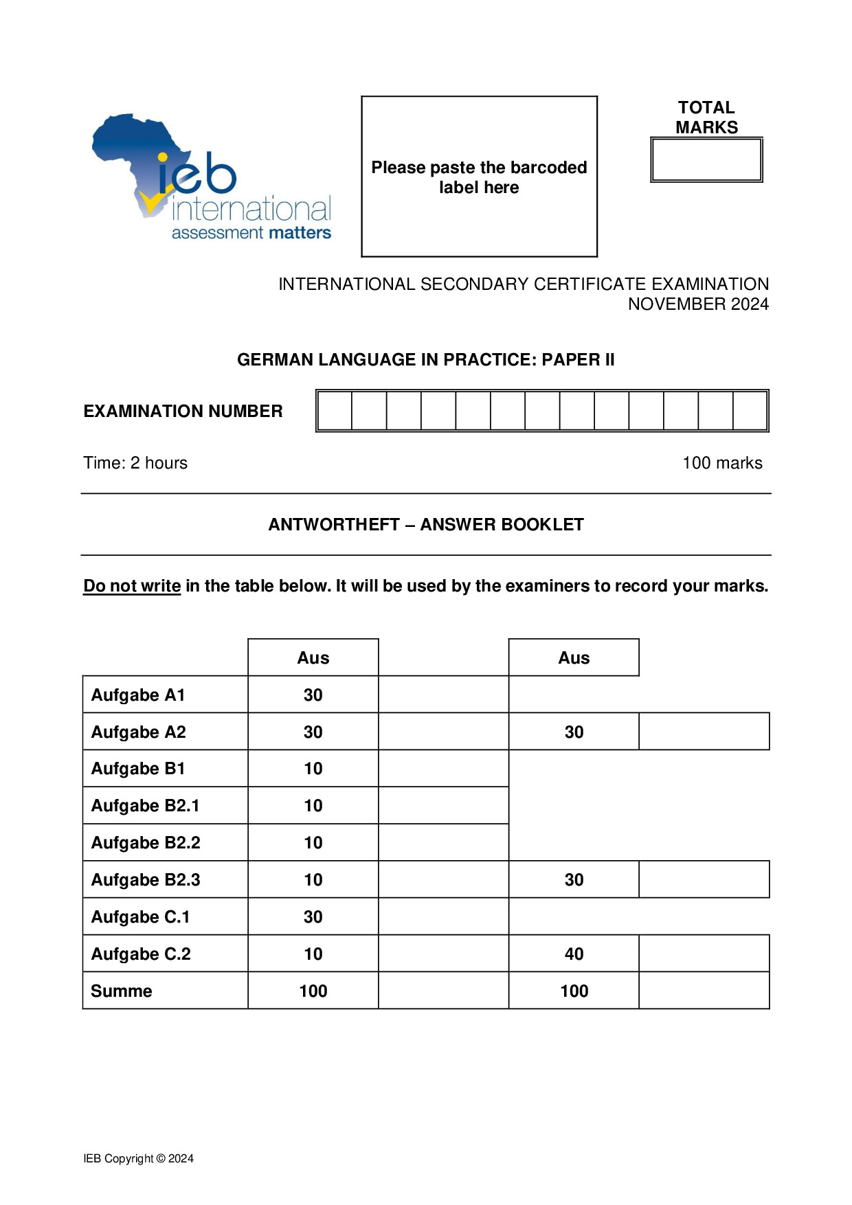 Preview of ISC German LIP P2 Answer Booklet 2024 Gr12
