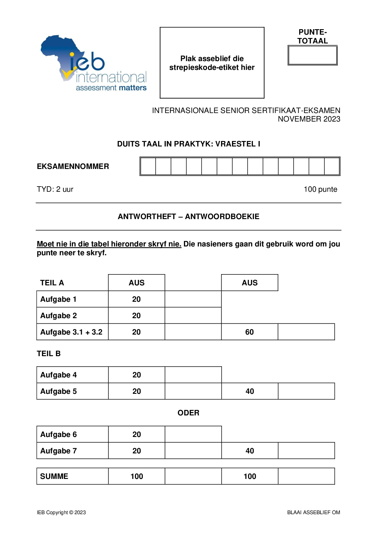 Preview of ISC German LIP P1 Answer Booklet 2023 Afr Gr12