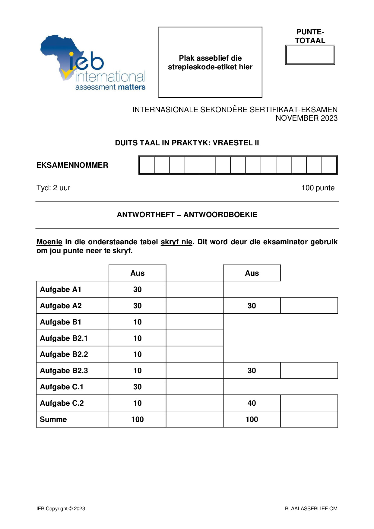 Preview of ISC German LIP P2 Answer Booklet 2023 Afr Gr12