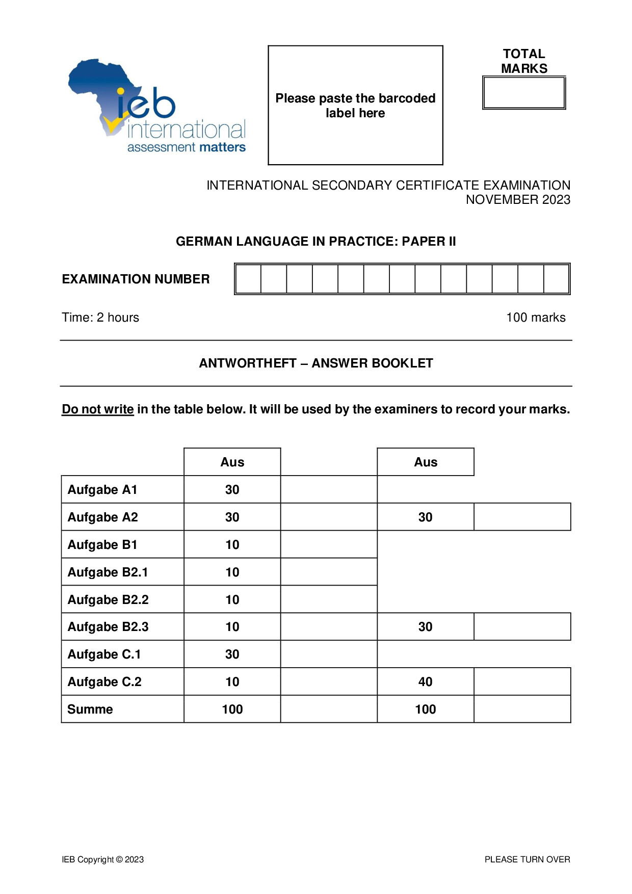 Preview of ISC German LIP P2 Answer Booklet 2023 Gr12
