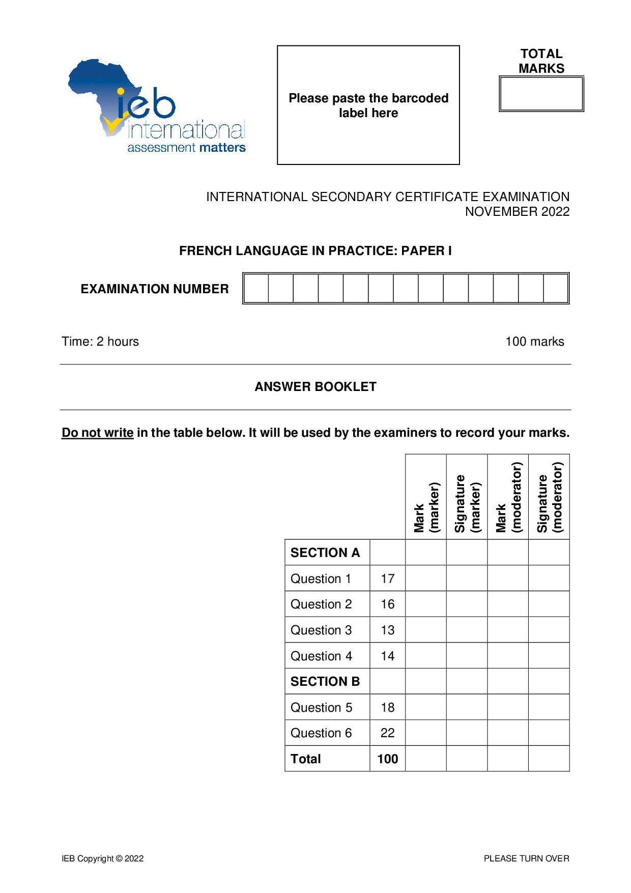 Preview of ISC French LIP P1 Answer Book 2022 Gr12