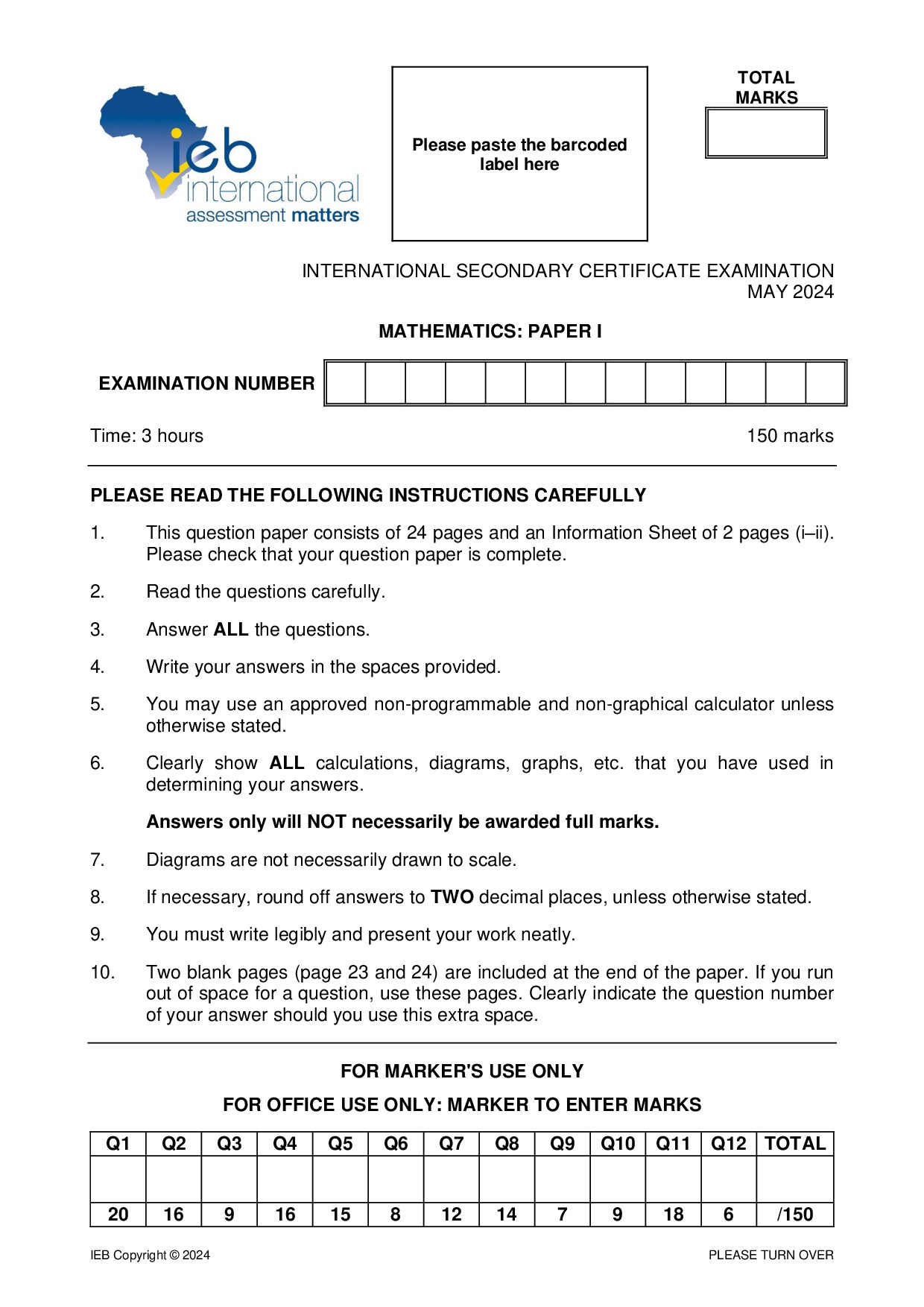 Preview of ISC Mathematics P1 May 2024 Gr12