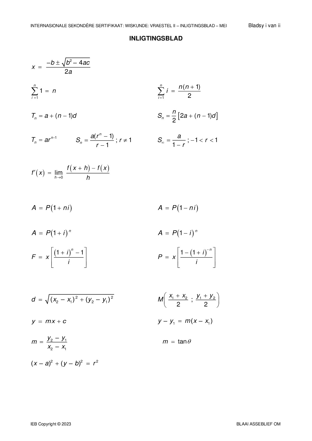 Preview of ISC Mathematics P2 Info Sheet May 2023 Afr Gr12
