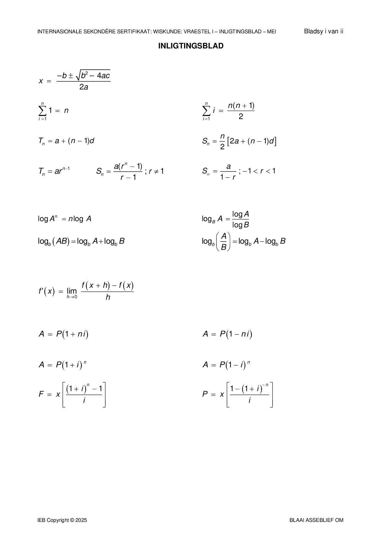 Preview of ISC Mathematics P1 Info Sheet May 2025 Afr Gr12