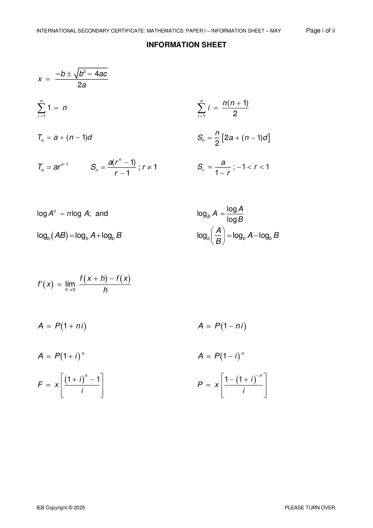 Preview of ISC Mathematics P1 Info Sheet May 2025 Gr12