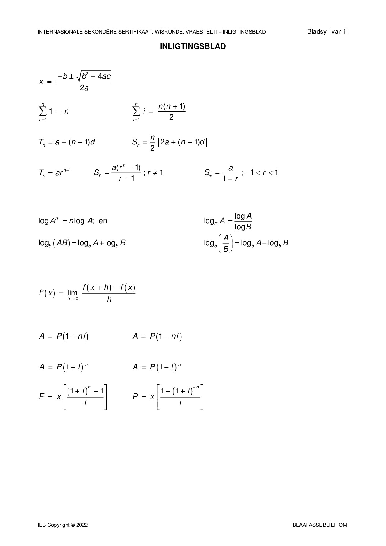Preview of ISC Mathematics P2 Info Sheet 2022 Afr Gr12