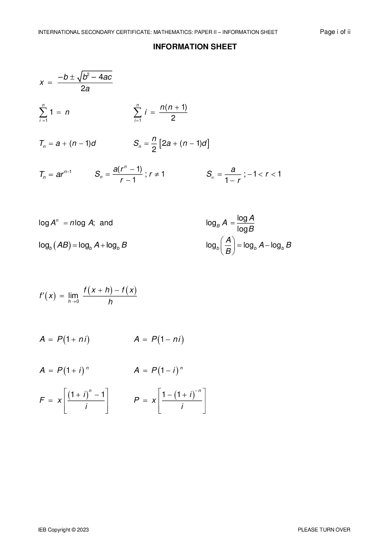 Preview of ISC Mathematics P2 Info Sheet 2023 Gr12