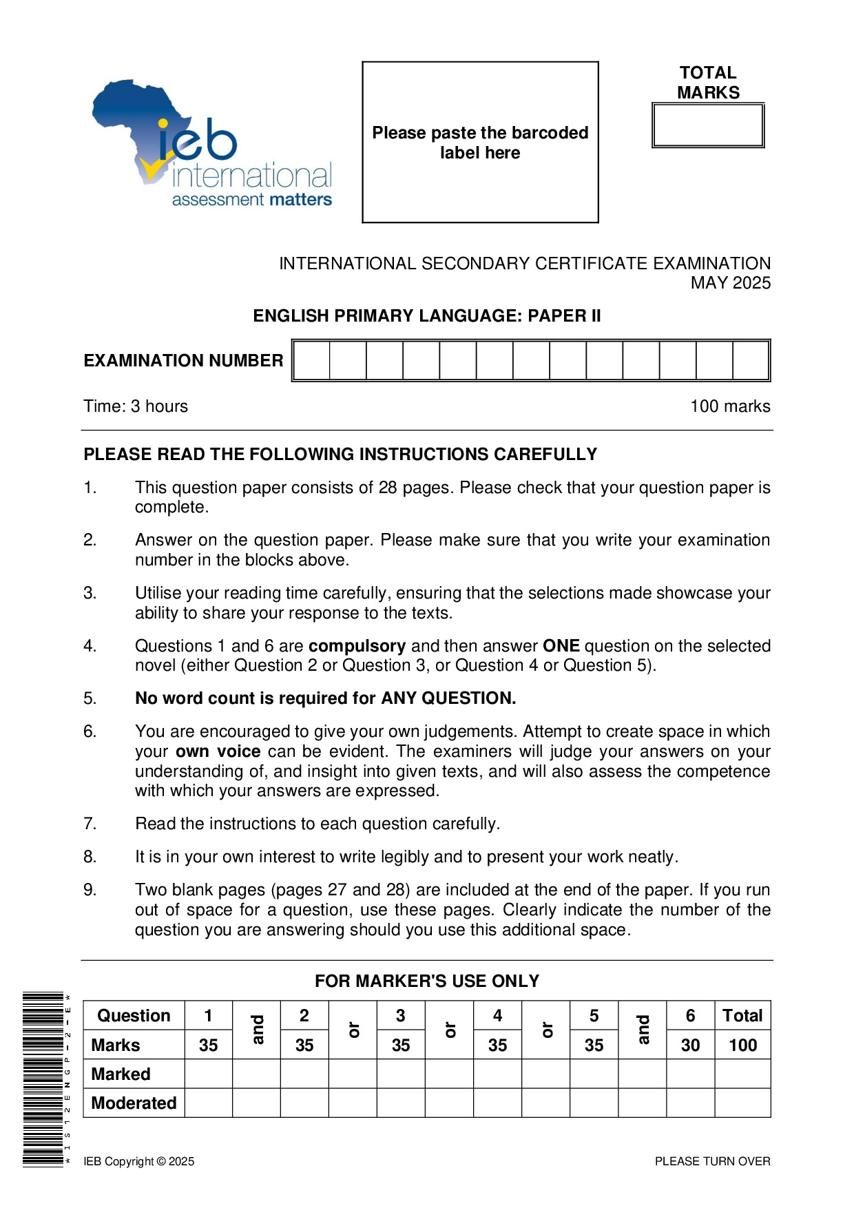 Preview of ISC English PL P2 May 2025 Gr12