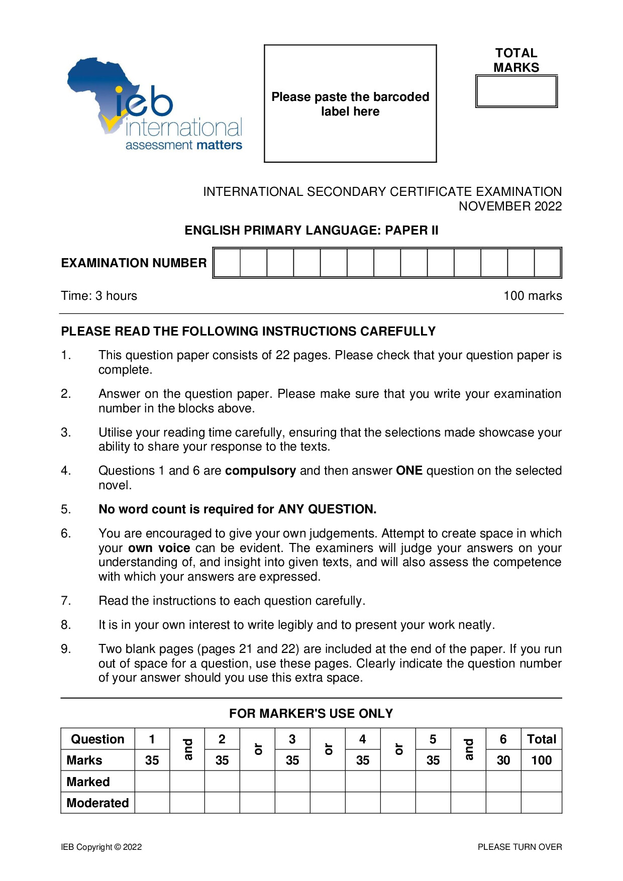Preview of ISC English PL P2 2022 Gr12