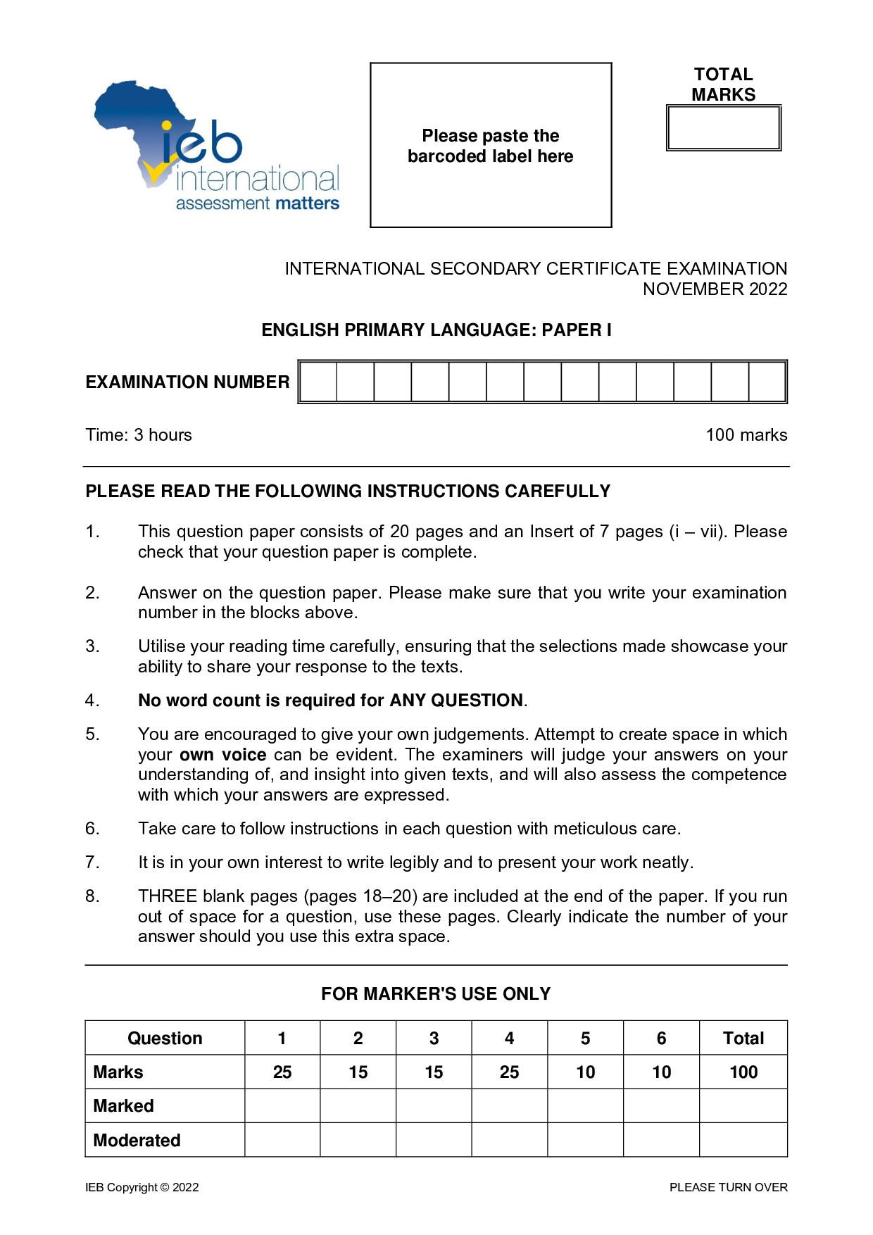 Preview of ISC English PL P1 2022 Gr12