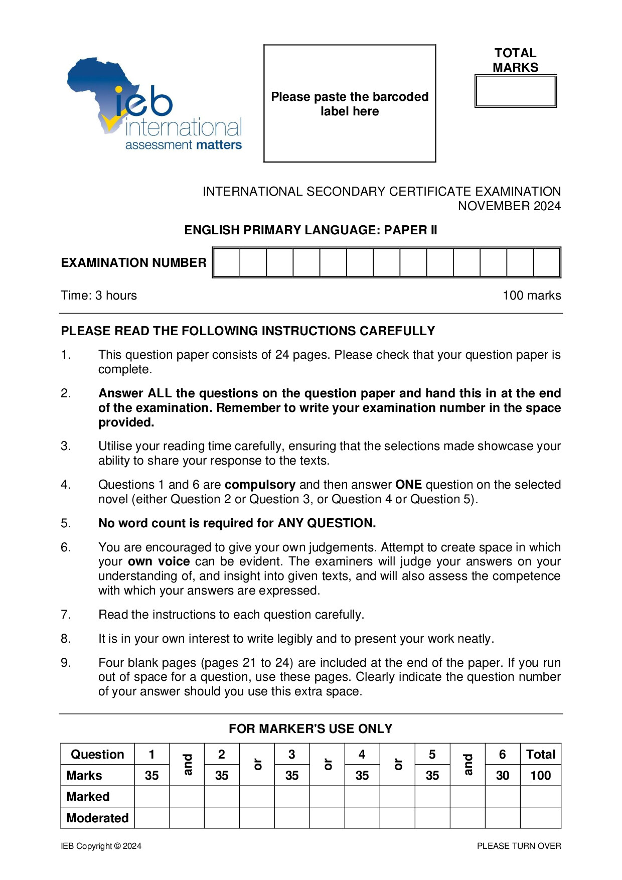 Preview of ISC English PL P2 2024 Gr12