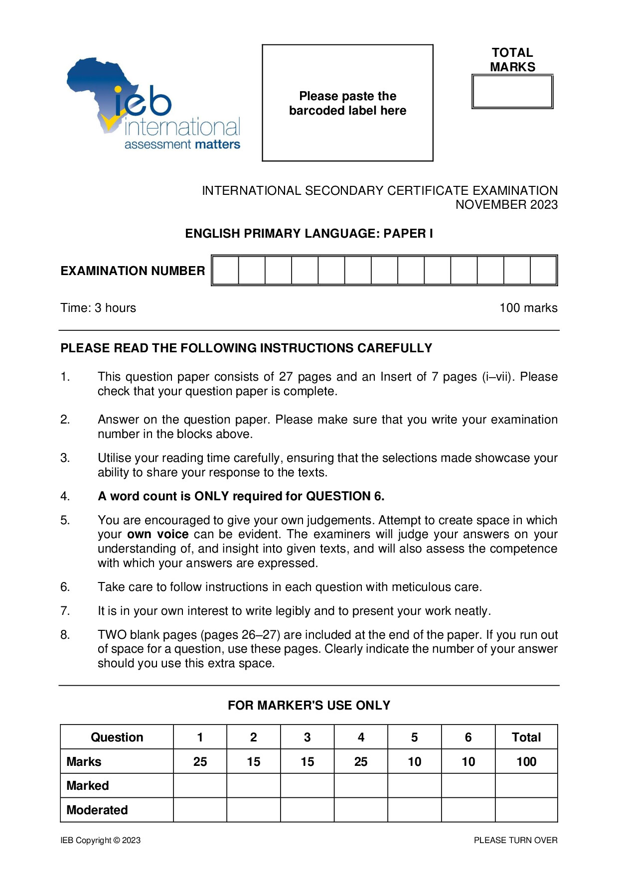 Preview of ISC English PL P1 2023 Gr12
