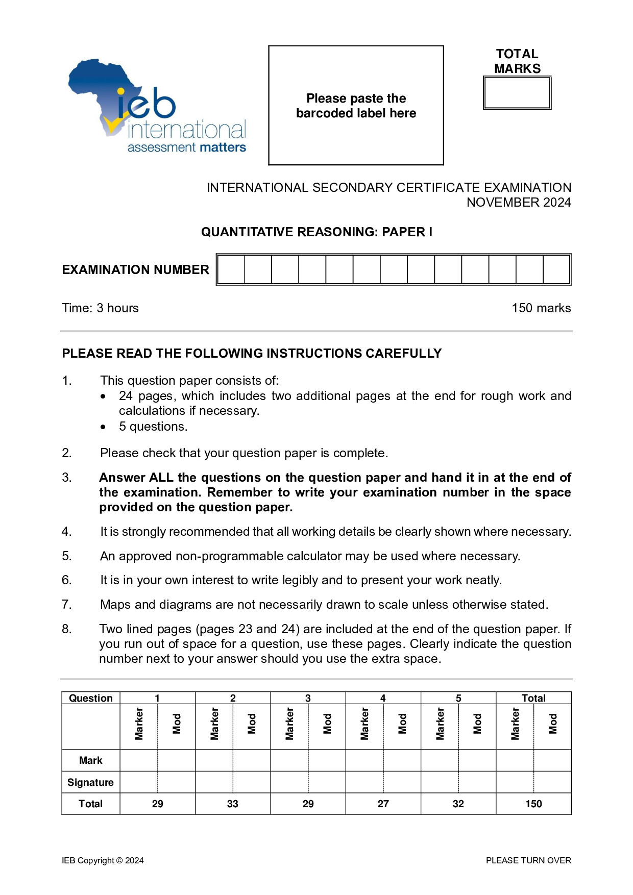 Preview of ISC Quantitative Reasoning P1 2024 (No 2) Gr12
