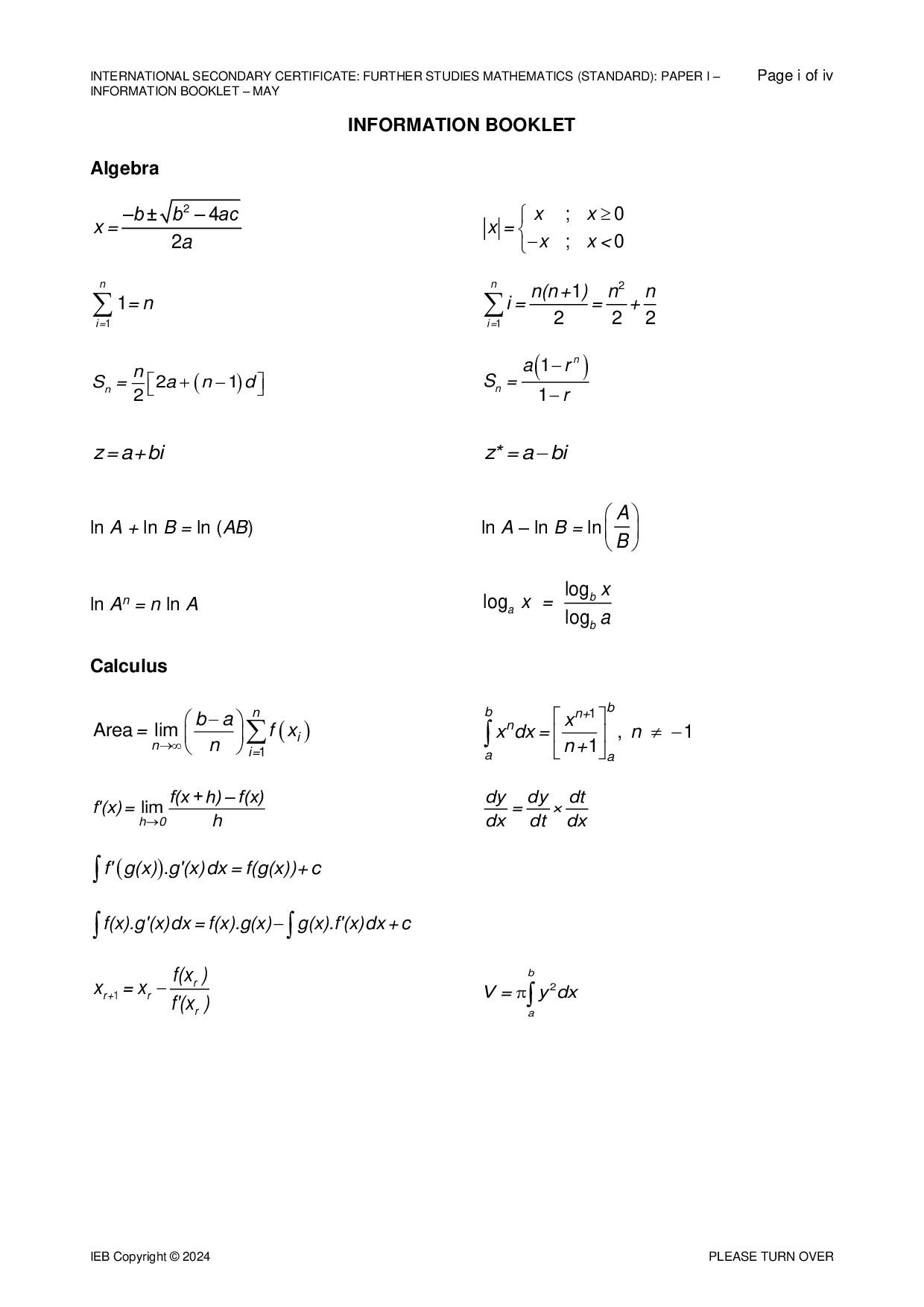 Preview of ISC Further Studies Maths P1 Information Booklet May 2024 Gr12