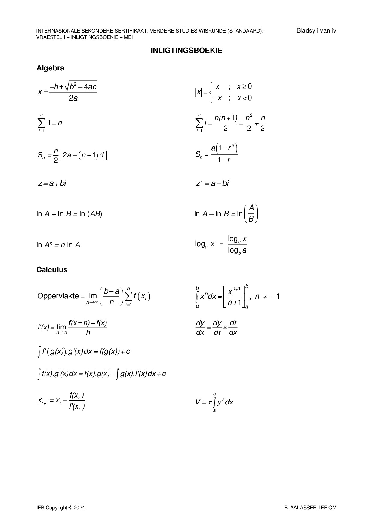 Preview of ISC Further Studies Maths P1 Information Booklet May 2024 Afr Gr12