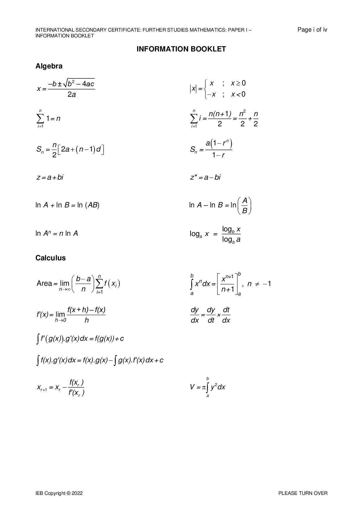 Preview of ISC Further Studies Maths P1 Information Booklet 2022 Gr12