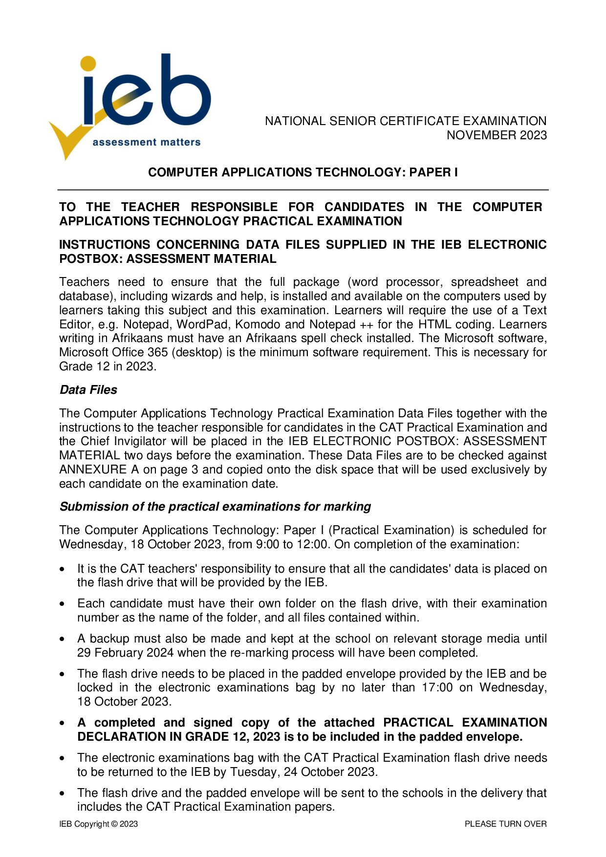 Preview of NSC Computer Applications Technology P1 Instructions to Teachers 2023 Gr12