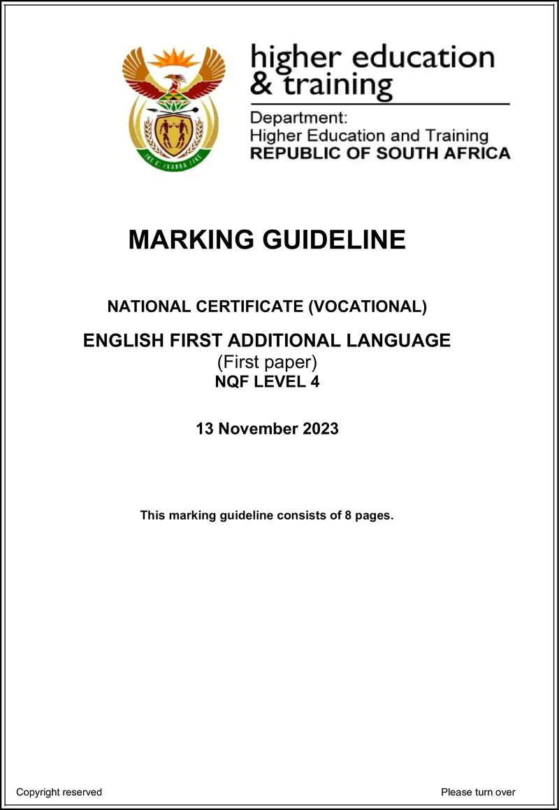 Nc1210 English First Additional Language L4 P1 Nov Memo 2023 Signed Off