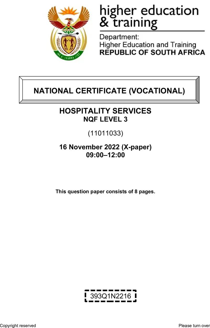 Hospitality Services L3 QP Nov 2022 preview