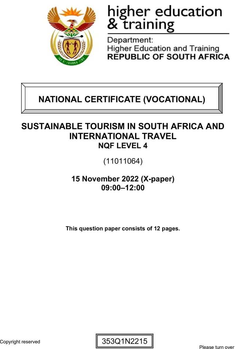 Nc2780 Sustainable Tourism In Sa And International Travel L4 QP Nov 20