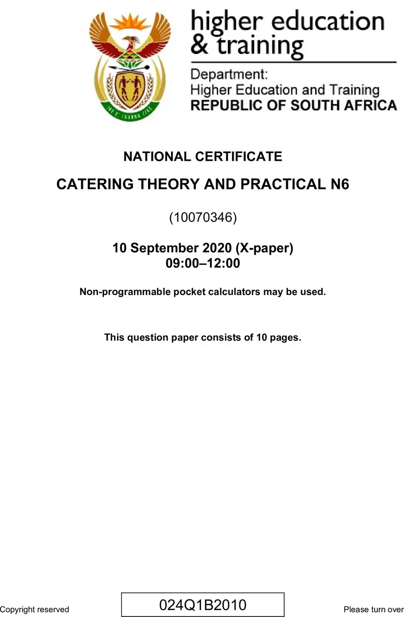 N10 Catering Theory And Practical N6 QP June 2020