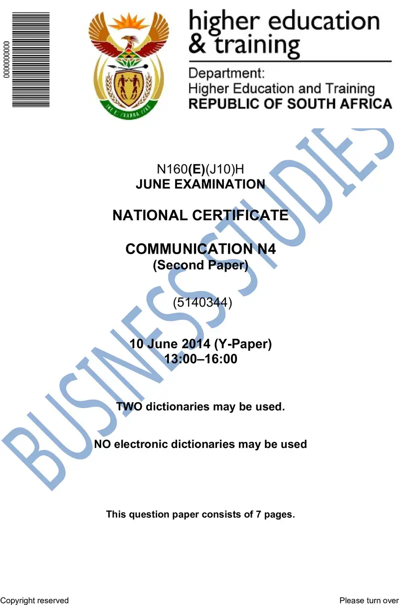 Communication N4 Paper 2 Exam June 2014