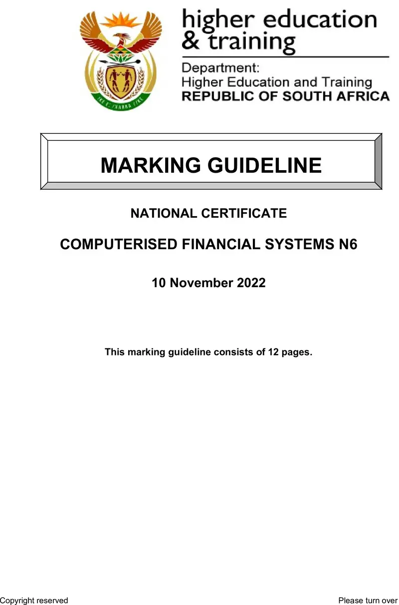 Computersised Financial Systems N6 Nov Memo 2022