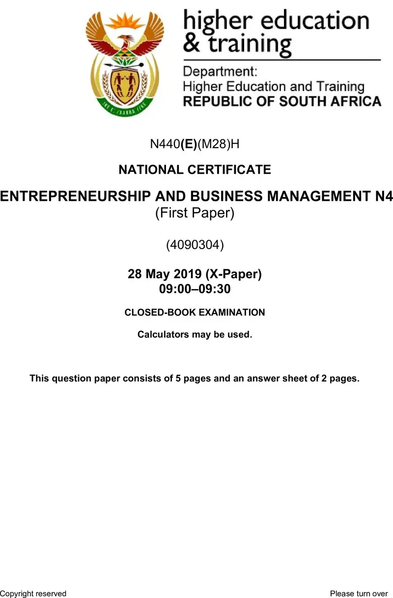Entrepreneurship And Business Management N4 P1 QP June 2019