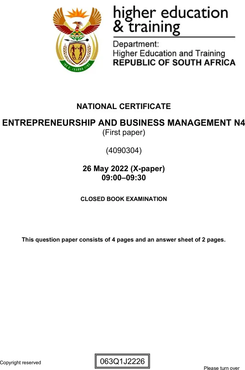 Entrepreneurship And Business Management N4 P1 QP June 2022 Edited Fopma