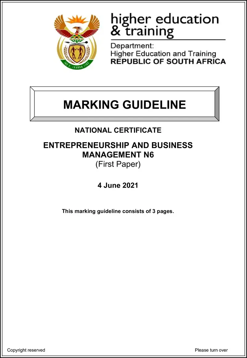 N480 Entrepreneurship And Business Management N6 P1 June Memo 2021