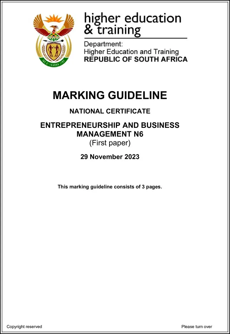 N480 Entrepreneurship And Business Management N6 P1 Memo Nov 2023 Edited