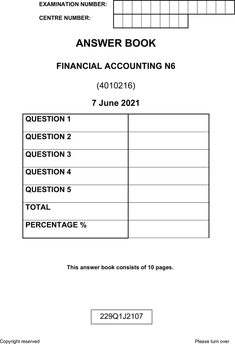 Financial Accounting N6 Answer Book June 2021