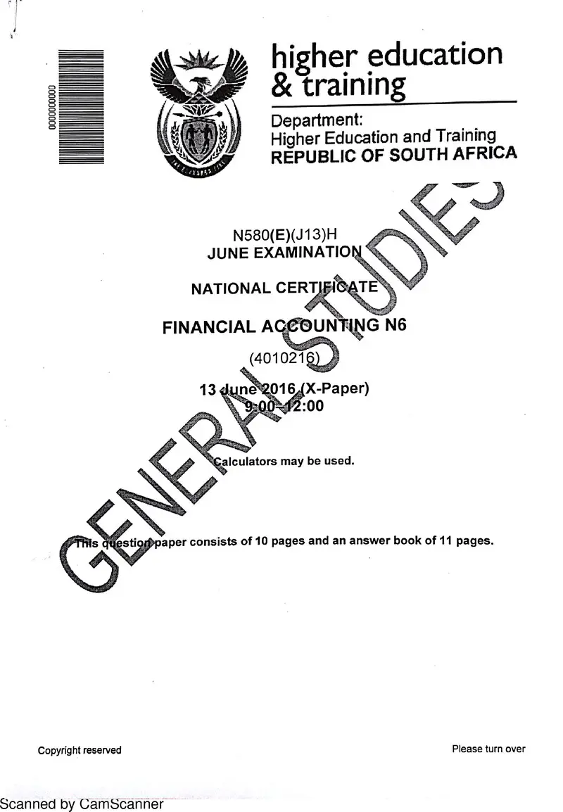 Financial Accounting N6 June 2016 Paper
