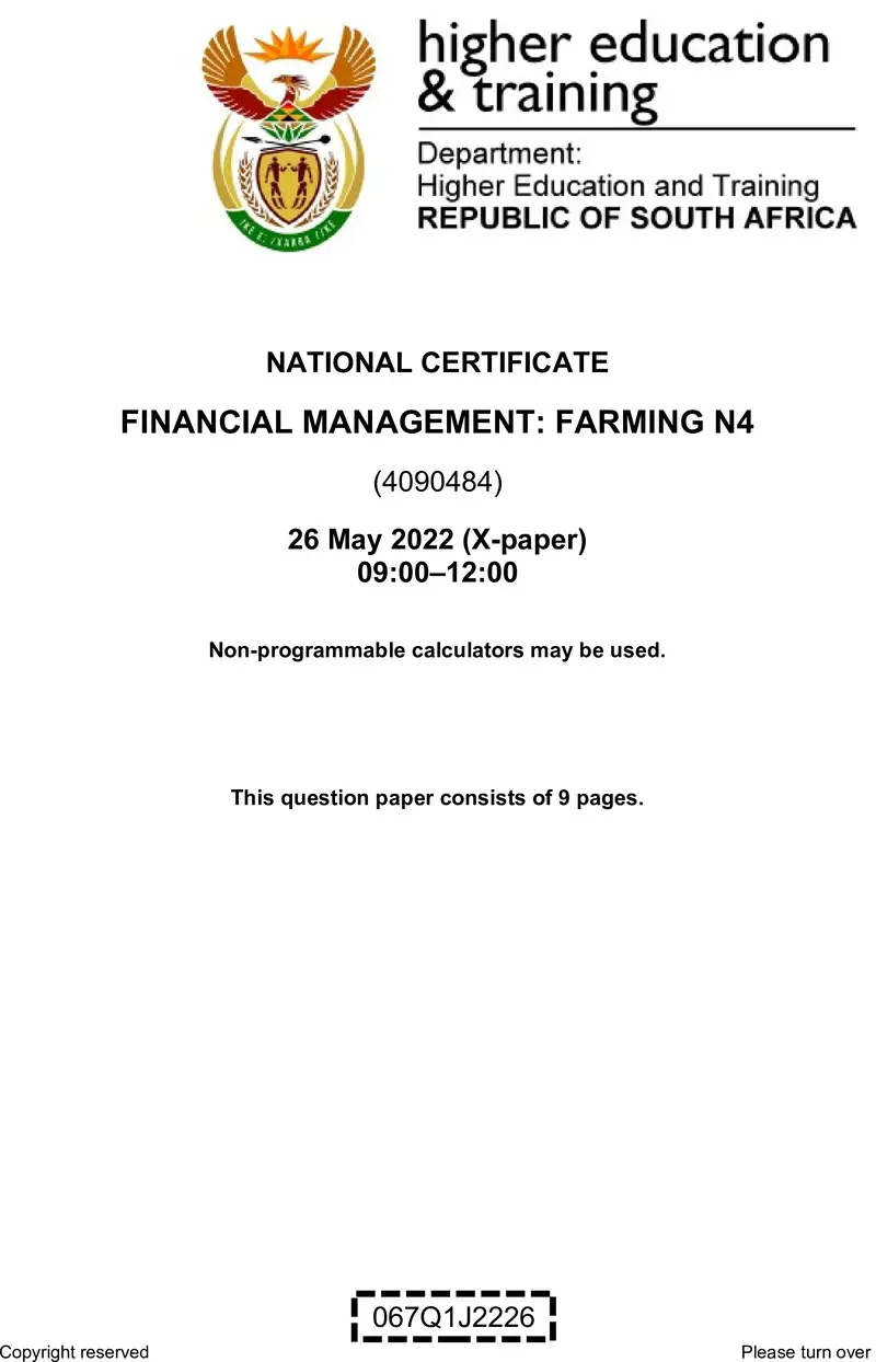 Financial Management Farming N4 QP June 2022 Van Zyl S 1