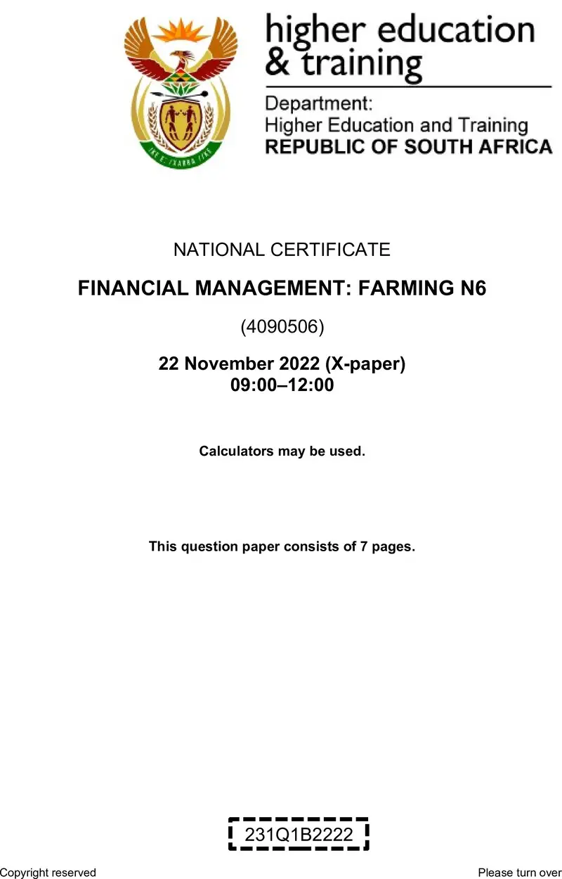 Financial Management Farming N6 QP Nov 2022 Watson