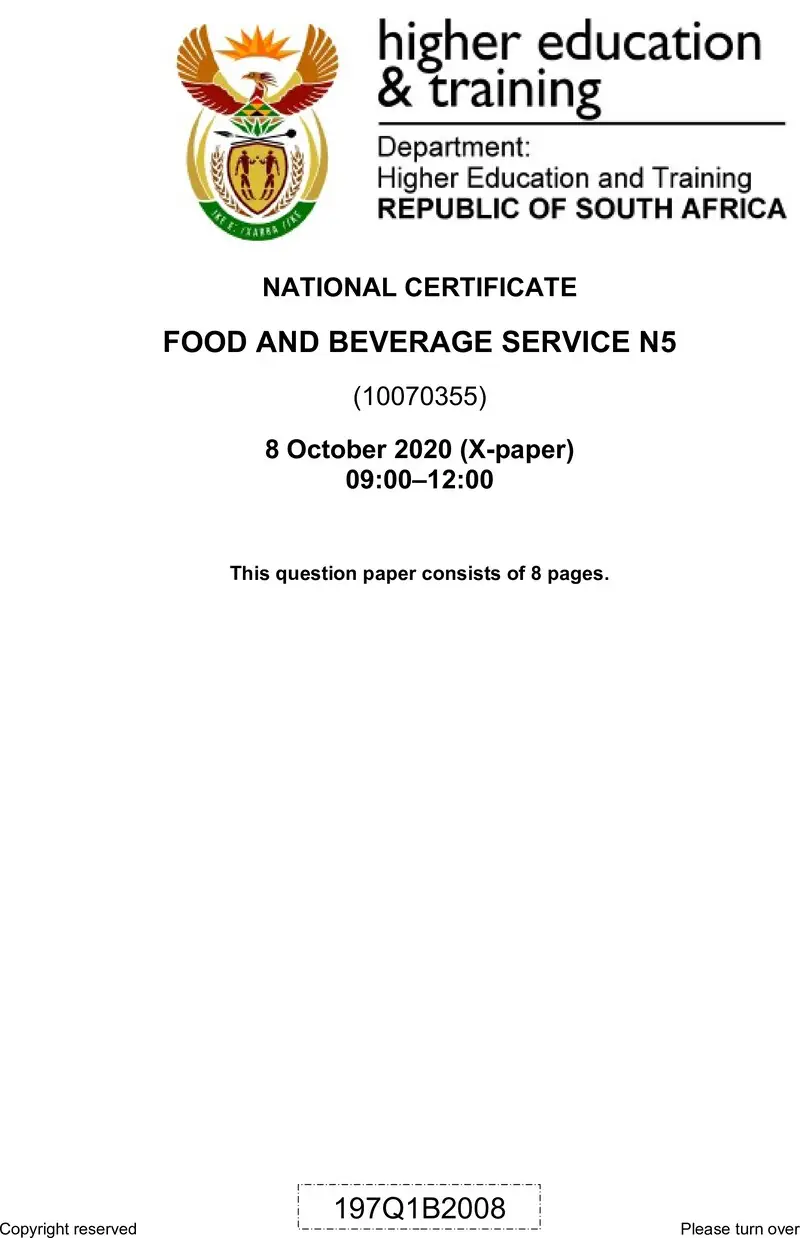 Food And Beverage Service N5 QP June 2020