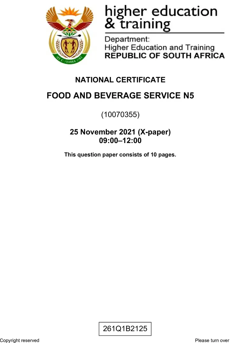 Food And Beverage Service N5 QP Nov 2021 Dry