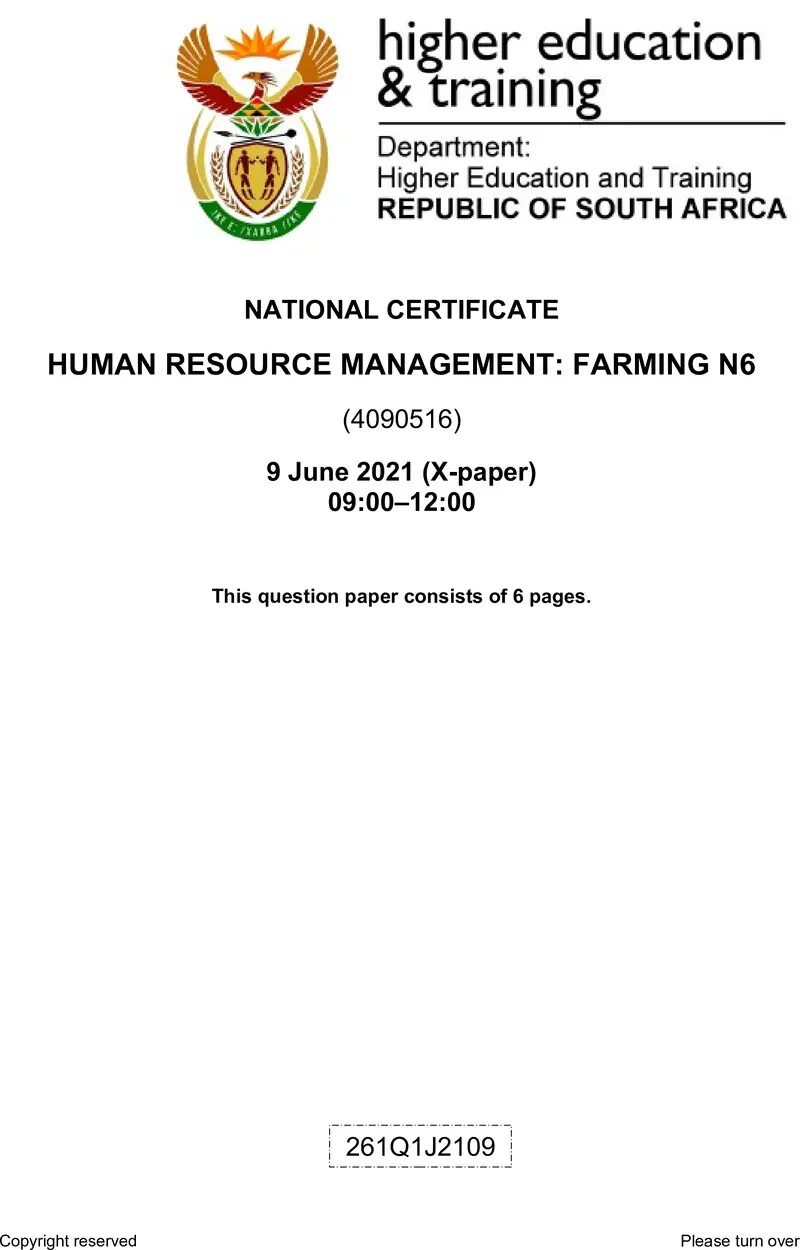 Human Resource Management Farming N6 QP June 2021
