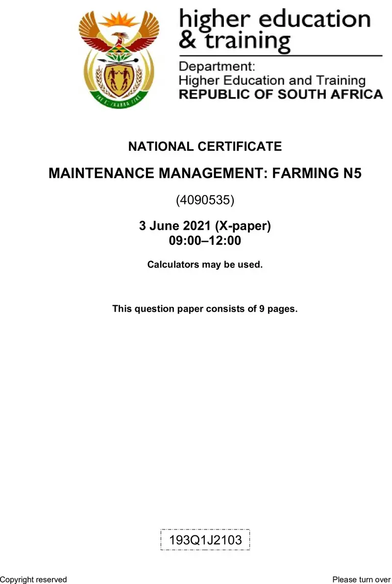 Maintenance Management Farming N5 June QP 2021