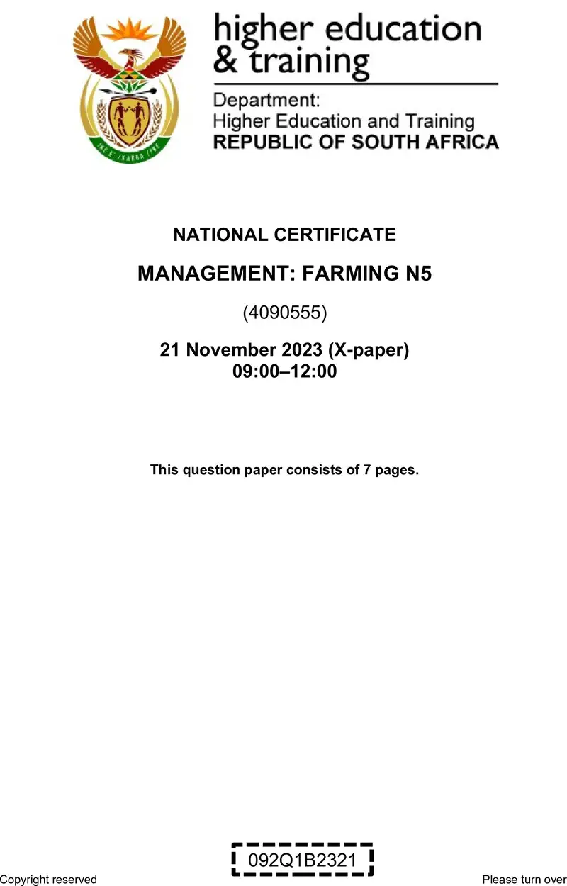 Management Farming N5 QP Nov 2023 Old Syllabus Van Zyl S preview