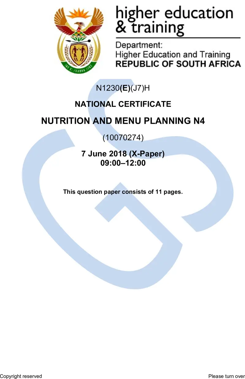 N1230 Nutrition And Menu Planning N4 QP June 2018