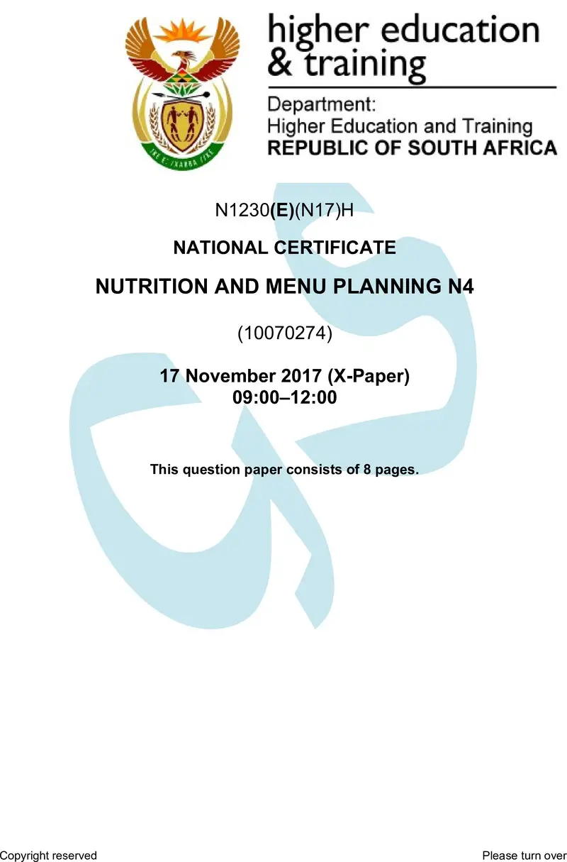 N1230 Nutrition And Menu Planning N4 QP Nov 2017